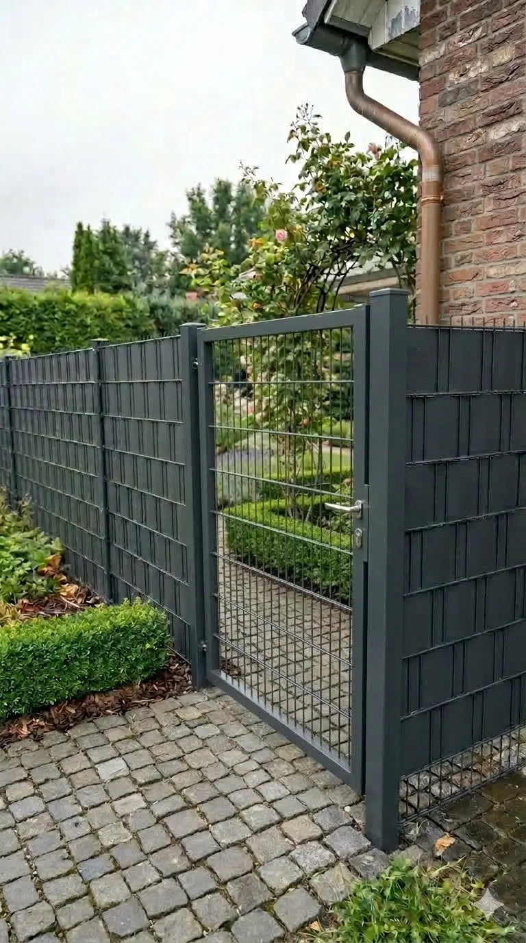 Gartentor in Anthrazit zwischen Klinkerwand und Zaun mit Sichtschutzstreifen
