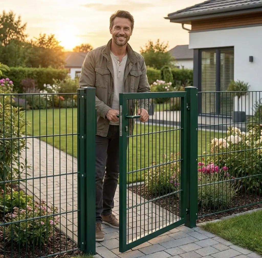 Gartentor in Moosgrün an einem Gartenweg, ein Mann öffnet das Tor