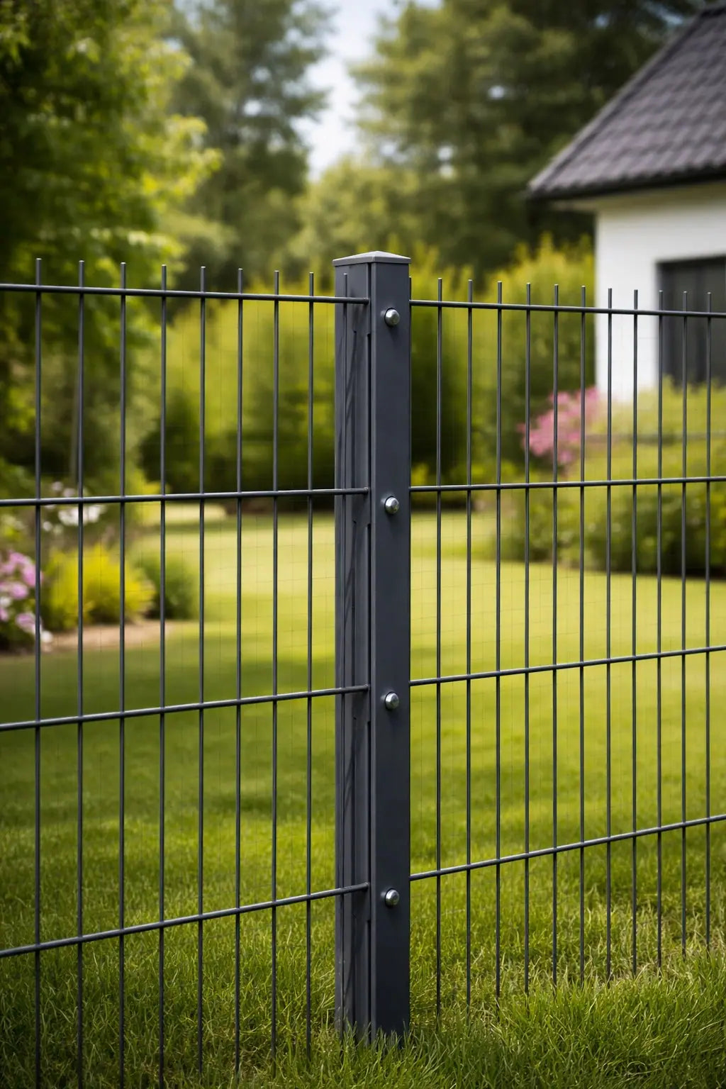 Doppelstabmattenzaun in Anthrazit mit Pfosten vor einem Garten