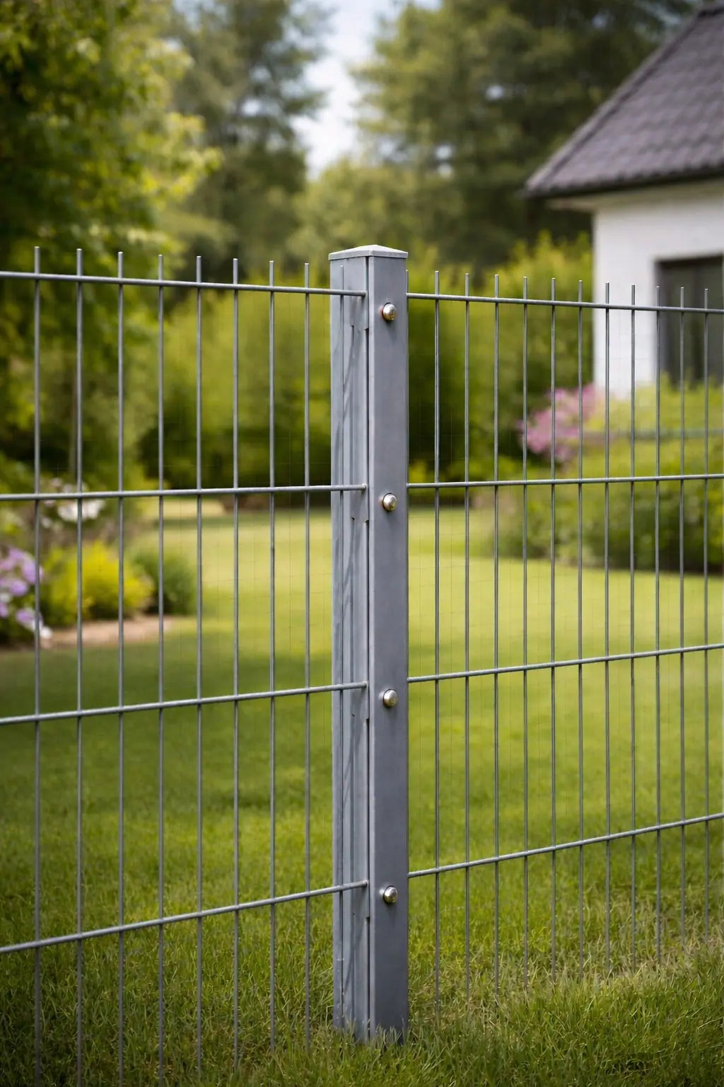 Feuerverzinkter Doppelstabmattenzaun mit Pfosten vor einem Garten
