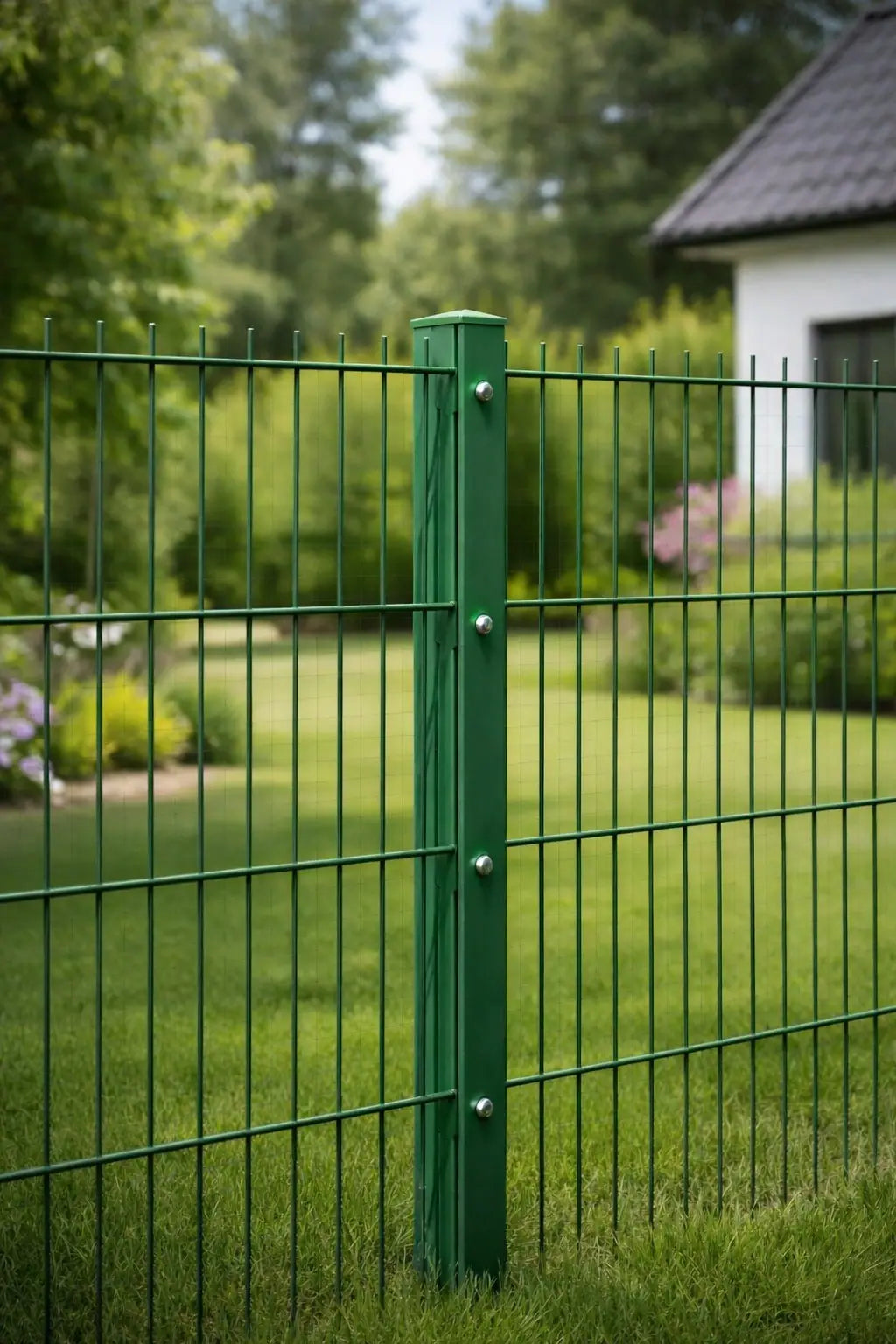 Doppelstabmattenzaun in Moosgrün mit Pfosten vor einem Garten