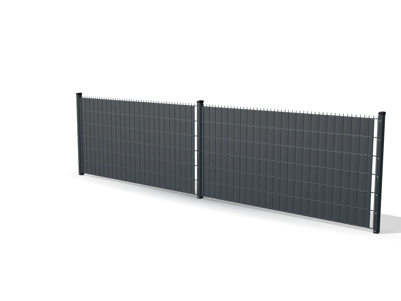 3D-Visualisierung: Zaunfeld 120 cm in Anthrazit mit eingeflochtenen Sichtschutzstreifen